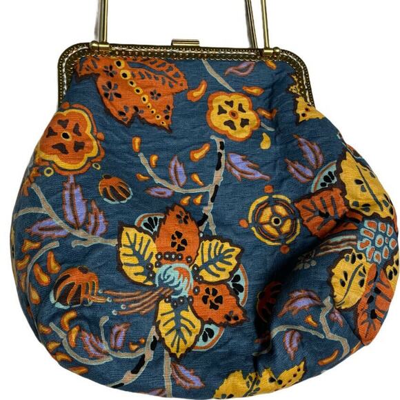 Floral tote Clutch bag purse FLORAL Blue Gold Tone - Picture 3 of 10